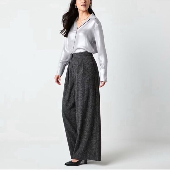 NWT ELEGANT WIDE-LEG PANTS Black melange Size 2 - Picture 2 of 15